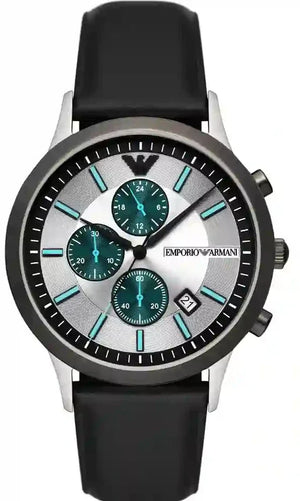 Emporio Armani Renato Chronograph Silver Dial Black Leather Strap Watch for Men - AR11473