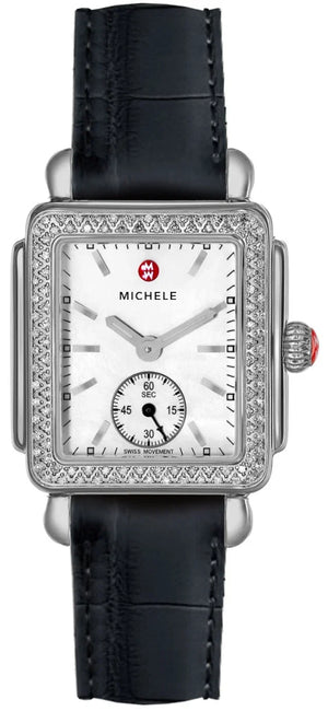 Buy Shop Michele Deco Silver Dial Black Leather Strap Watch For Women - MWW06V000005 USA Online
