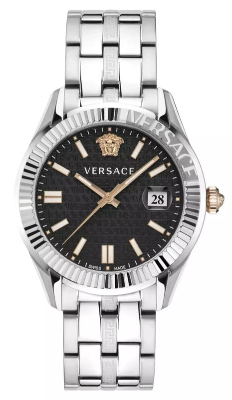 Buy Shop Versace Greca Time Quartz Black Dial Silver Steel Strap Watch For Men - VE3K00322 USA Online