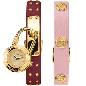 Buy Shop Versace Medusa Lock Icon Gold Dial Red Leather Strap Watch for Women - VEDW00319 USA Online