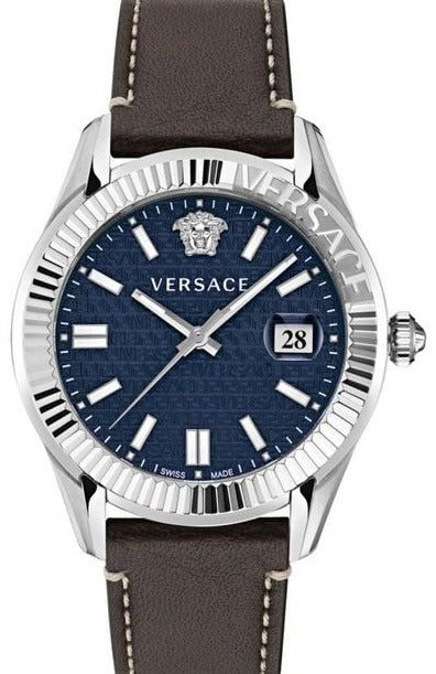Buy Shop Versace Greca Time Quartz Blue Dial Brown Leather Strap Watch For Men - VE3K00122 USA Online