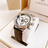 Buy Shop Versace Classic Chronograph Quartz Silver Dial Brown Leather Strap Watch For Men - VEV700119 USA Online