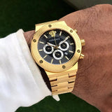 Buy Shop Versace Greca Chronograph Black Dial Gold Steel Strap Watch For Men - VEZ900421 USA Online