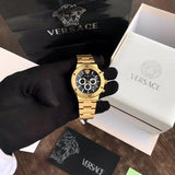 Buy Shop Versace Greca Chronograph Black Dial Gold Steel Strap Watch For Men - VEZ900421 USA Online