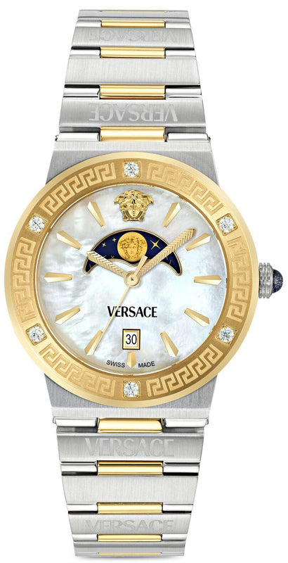 Buy Shop Versace Greca Logo Moonphase Mother of Pearl Dial Two Tone Steel Strap Watch for Women - VE7G00524 USA Online