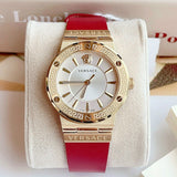 Buy Shop Versace Greca Silver Dial Red Leather Strap Watch for Women - VEVH00420 USA Online