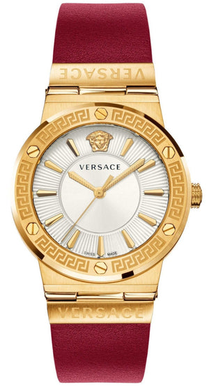 Buy Shop Versace Greca Silver Dial Red Leather Strap Watch for Women - VEVH00420 USA Online