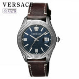 Buy Shop Versace Greca Time Quartz Blue Dial Brown Leather Strap Watch For Men - VE3K00122 USA Online