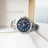 Buy Shop Versace Hellenyium GMT Black Dial Silver Steel Strap Watch for Men - V11020015 USA Online