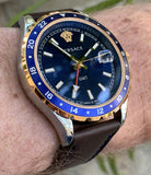Buy Shop Versace Hellenyium GMT Blue Dial Brown Leather Strap Watch for Men - V11080017 USA Online