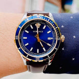 Buy Shop Versace Hellenyium GMT Blue Dial Brown Leather Strap Watch for Men - V11080017 USA Online