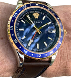 Buy Shop Versace Hellenyium GMT Blue Dial Brown Leather Strap Watch for Men - V11080017 USA Online