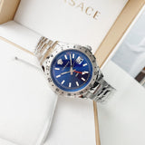 Buy Shop Versace Hellenyium GMT Blue Dial Silver Steel Strap Watch for Men - V11010015 USA Online