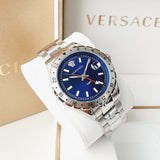 Buy Shop Versace Hellenyium GMT Blue Dial Silver Steel Strap Watch for Men - V11010015 USA Online