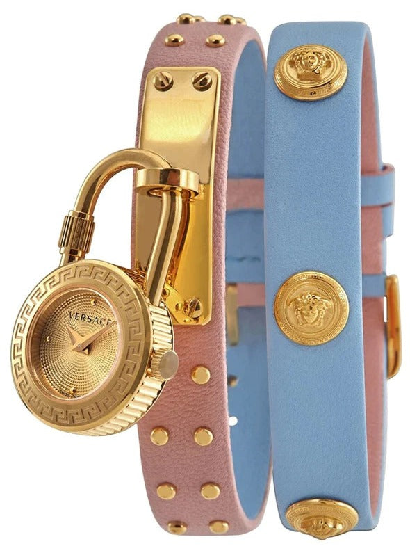 Buy Shop Versace Medusa Lock Icon Quartz Gold Dial Pink & Blue Leather Strap Watch For Women - VEDW00219 USA Online