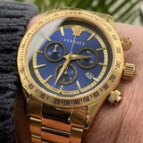 Versace Classic Chronograph Quartz Blue Dial Gold Steel Strap Watch For Men - VEV700619