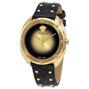 Buy Shop Versace Shadov Quartz Gold Dial Black Leather Strap Watch for Women - VEBM00318 USA Online