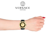 Buy Shop Versace Shadov Quartz Gold Dial Black Leather Strap Watch for Women - VEBM00318 USA Online