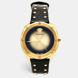 Buy Shop Versace Shadov Quartz Gold Dial Black Leather Strap Watch for Women - VEBM00318 USA Online