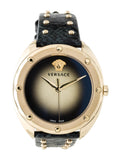 Buy Shop Versace Shadov Quartz Gold Dial Black Leather Strap Watch for Women - VEBM00318 USA Online