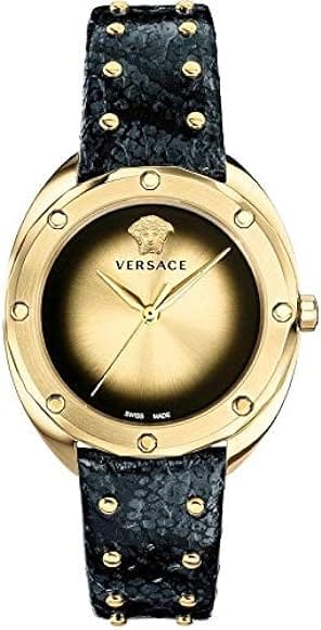 Buy Shop Versace Shadov Quartz Gold Dial Black Leather Strap Watch for Women - VEBM00318 USA Online