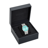Buy Shop Versace V-Auria Quartz Turquoise Dial Silver Steel Strap Watch for Women - VE0F00225 USA Online