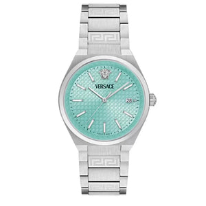 Buy Shop Versace V-Auria Quartz Turquoise Dial Silver Steel Strap Watch for Women - VE0F00225 USA Online