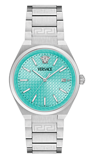 Buy Shop Versace V-Auria Quartz Turquoise Dial Silver Steel Strap Watch for Women - VE0F00225 USA Online