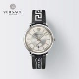 Buy Shop Versace V-Circle Silver Dial Black Leather Strap Watch for Men - VEBQ01219 USA Online