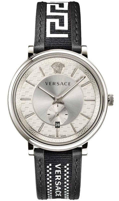 Buy Shop Versace V-Circle Silver Dial Black Leather Strap Watch for Men - VEBQ01219 USA Online