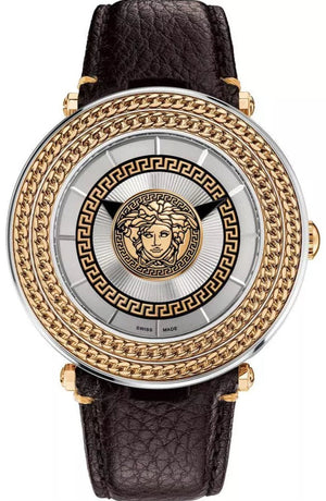 Buy Shop Versace V Metal Icon Quartz Silver Dial Brown Leather Strap Watch For Men - VQL010015 USA Online