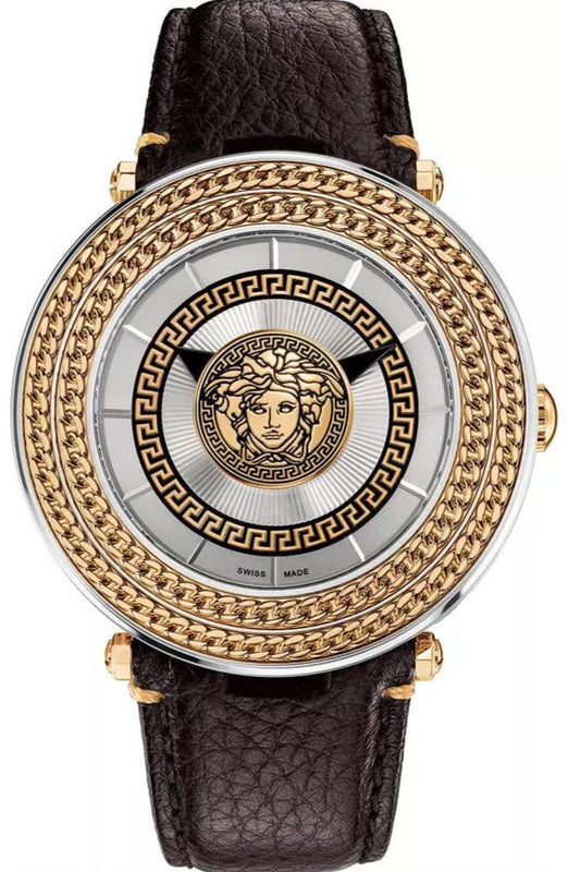 Buy Shop Versace V Metal Icon Quartz Silver Dial Brown Leather Strap Watch For Men - VQL010015 USA Online