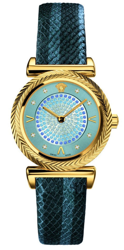 Buy Shop Versace V-Motif Vintage Logo Diamonds Blue Dial Blue Leather Strap Watch for Women - VERE01018 USA Online