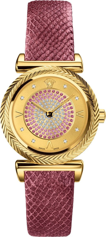Buy Shop Versace V-Motif Vintage Logo Diamonds Gold Dial Pink Leather Strap Watch for Women - VERE01118 USA Online