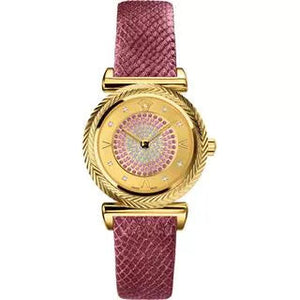 Buy Shop Versace V-Motif Vintage Logo Diamonds Gold Dial Pink Leather Strap Watch for Women - VERE01118 USA Online