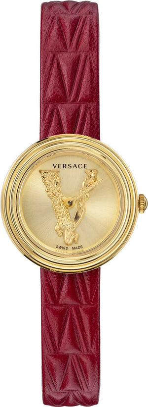 Buy Shop Versace Virtus Mini Quartz Gold Dial Red Leather Strap Watch For Women - VET300521 USA Online