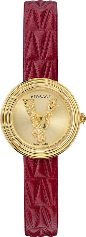 Buy Shop Versace Virtus Mini Quartz Gold Dial Red Leather Strap Watch For Women - VET300521 USA Online