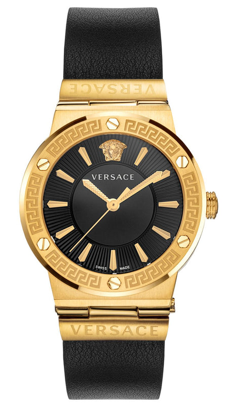 Buy Shop Versace Greca Black Dial Black Leather Strap Watch for Women - VEVH00320 USA Online
