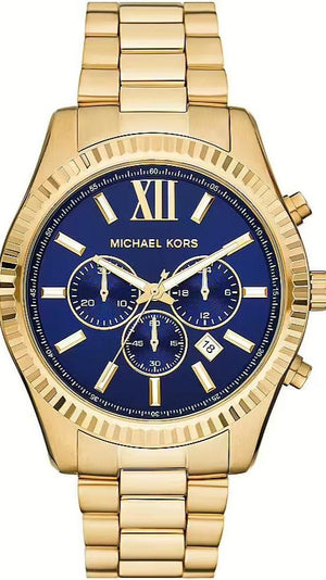 Michael Kors Lexington Chronograph Blue Dial Gold Steel Strap Watch for Men - MK9153