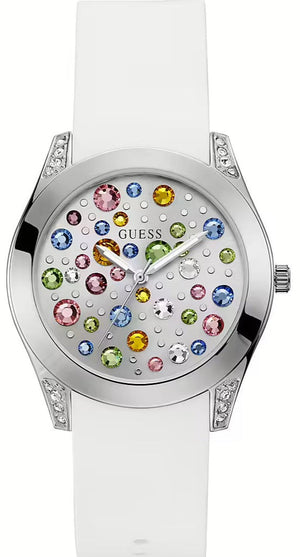 Guess Wanderlust Crystals Silver Dial White Rubber Strap Watch For Women - W1059L3