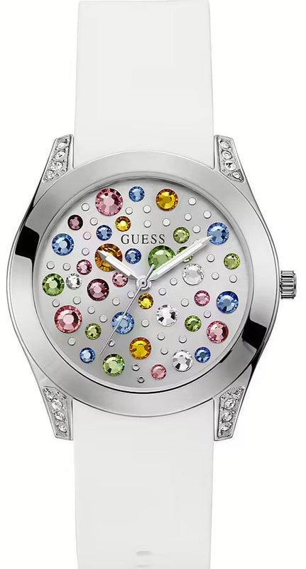 Buy Shop Guess Wanderlust Crystals Silver Dial White Rubber Strap Watch for Women - W1059L1 USA Online