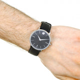 Movado Ultra Slim Black Dial Black Leather Strap Watch For Men - 0607086