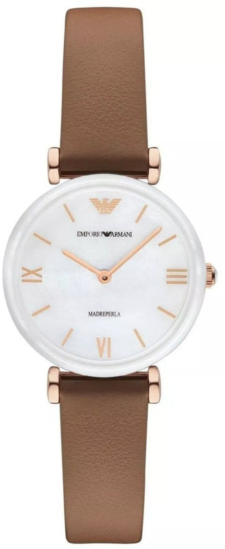 Buy Shop Emporio Armani Gianni T Bar Quartz Mother of Pearl White Dial Brown Leather Strap Watch For Women - AR11040 USA Online