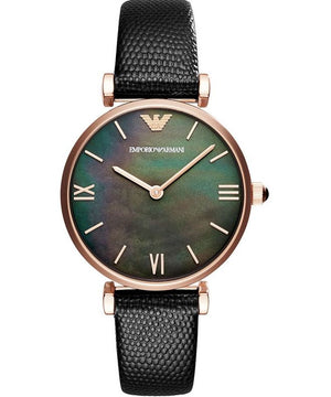 Buy Shop Emporio Armani Gianni T Bar Black Mother of Pearl Dial Black Leather Strap Watch For Women - AR11060 USA Online
