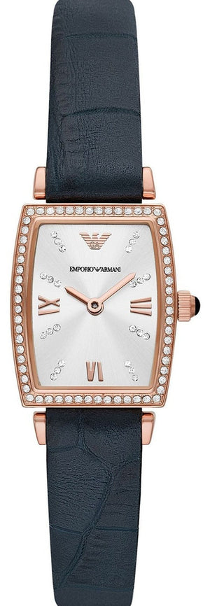 Buy Shop Emporio Armani Gianni T Bar Crystals Silver Dial Blue Leather Strap Watch For Women - AR11469 USA Online