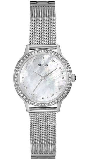 Guess Chelsea Mother of Pearl White Dial Silver Mesh Strap Watch For Women - W0647L1