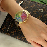 Guess Confetti Chronograph Rainbow Dial Gold Steel Strap Watch For Women  - GW0483L4