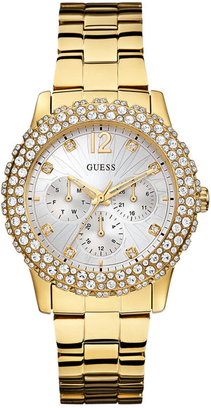 Buy Shop Guess Dazzler Diamonds Silver Dial Gold Steel Strap Watch for Women - W0335L2 USA Online