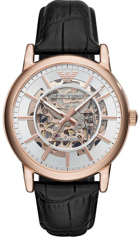 Buy Shop Emporio Armani Luigi Skeleton Silver Dial Black Leather Strap Watch For Men - AR60007 USA Online