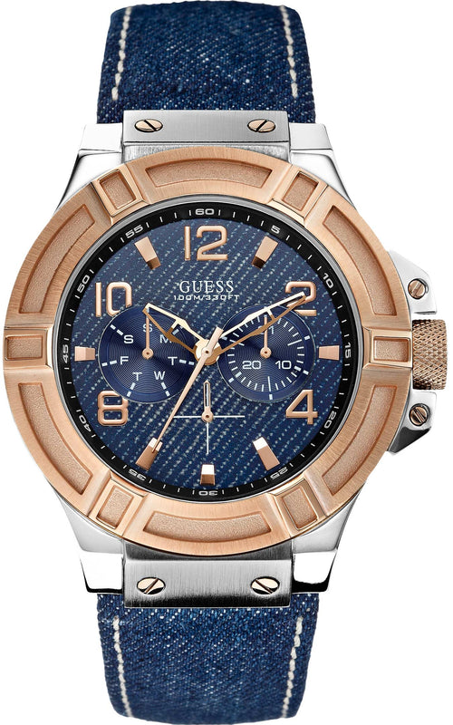 Buy Shop Guess Rigor Analog Blue Dial Blue Denim Strap Watch For Men - W0040G6 USA Online